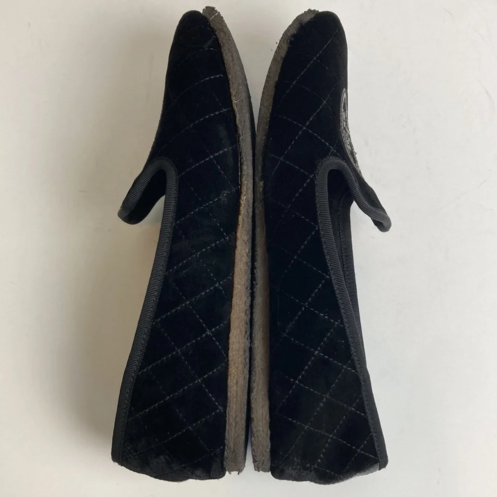 Tory Burch Billy Black Quilted Velvet Fur Loafers Crepe Sole Slippers Sz 9 Flats